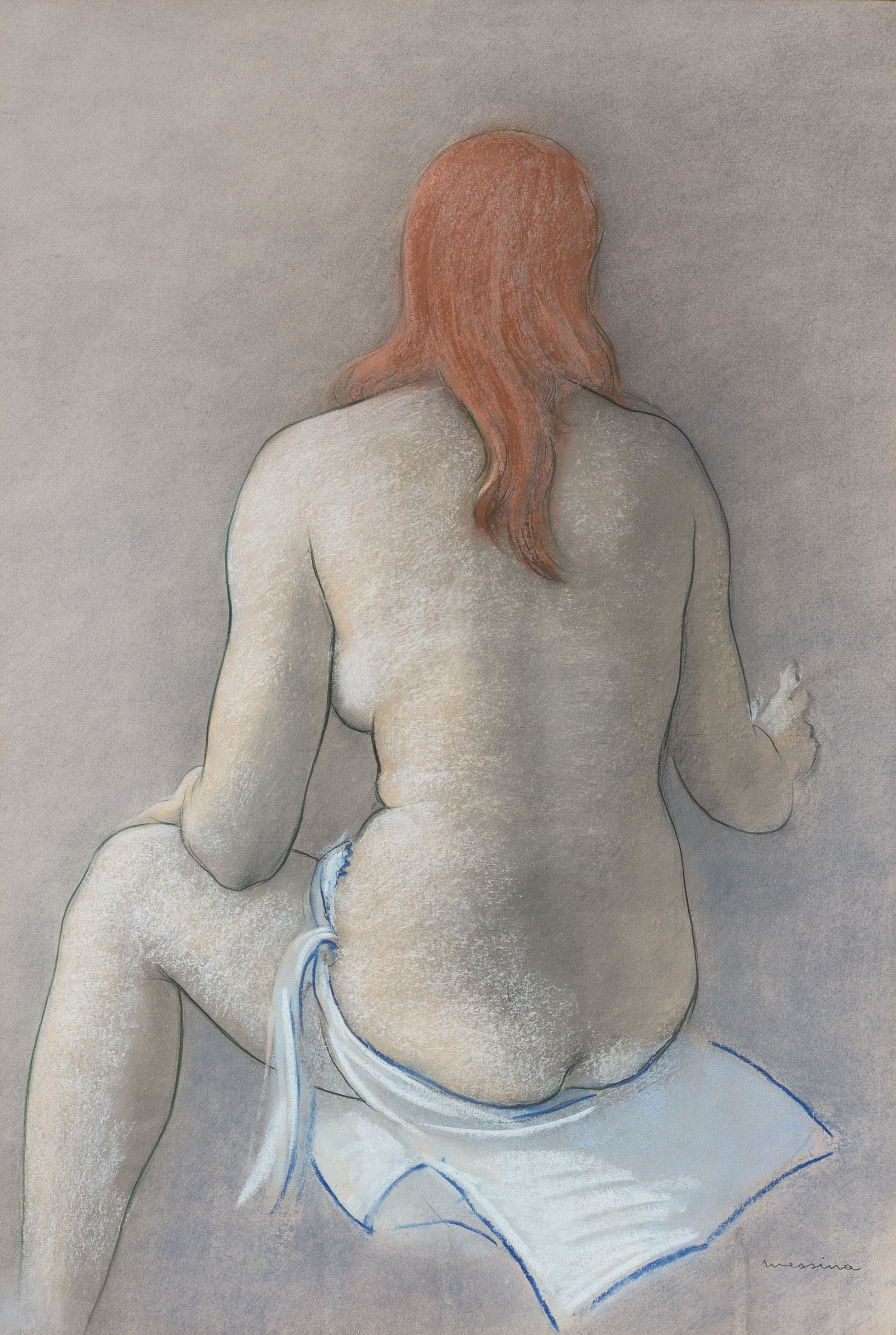 Francesco Messina, Nudo di schiena (con capelli rossi), pastelli su carta bianca, 1978
